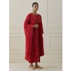 Red Pittan Hand Embroidered Linen Blend Suit- Set of 3