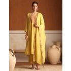 Yellow Embroidered Chanderi Mul Hand Block Printed Suit- Set of 3
