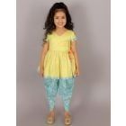 Yellow Printed Cambric Cotton Kurta with Pants- Set of 2