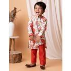 White Orange Printed Silk Kurta with Pajama- Set of 2