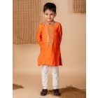 Orange Embroidered Silk Kurta with Pants- Set of 2