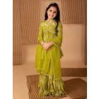 Green Printed Silk Sharara Suit- Set of 3