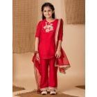 Red Embroidered Silk Suit Set- Set of 3