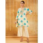 White Blue Gota Work Cotton Printed Kurta with Pants - Set of 2