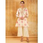 White Pink Gota Work Cotton Printed Kurta with Pants - Set of 2