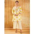 White Yellow Gota Work Cotton Printed Kurta with Pants - Set of 2