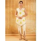 White Yellow Gota Work Cotton Printed Kurta with Pants - Set of 2