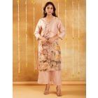 Peach Embroidered Chanderi Printed Kurta with Pants - Set of 2