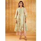 Green Peach Bead Work Chanderi Printed Kurta with Pants - Set of 2