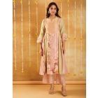 Peach Green Bead Work Chanderi Printed Kurta with Pants - Set of 2
