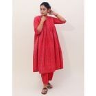 Red Striped Cotton Pleated Kurta with Pants - Set of 2