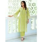 Lime Green Hand Block Printed Cotton Kurta with Pants- Set of 2