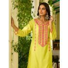 Lime Yellow Embroidered Viscose Chanderi Kurta with Pants- Set of 2