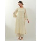 Light Yellow Embroidered Cotton Kurta with Slip and Pants- Set of 2
