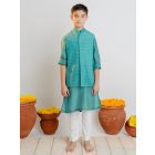 Teal Blue Printed Muslin Kurta with Jacket and Pajama - Set of 3