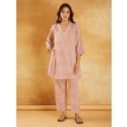 Red White Hand Block Printed Cotton Tunic with Pants - Set of 2
