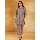 White Black Hand Block Printed Cotton Tunic with Pants - Set of 2
