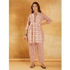 White Red Hand Block Printed Cotton Tunic with Pants - Set of 2