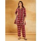 Red Hand Block Printed Cotton Tunic with Pants - Set of 2