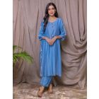 Blue Embroidered Chanderi Silk Kurta with Pants - Set of 2