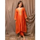 Orange Embroidered Chanderi Silk Kurta with Pants - Set of 2