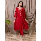 Red Embroidered Chanderi Silk Kurta with Pants - Set of 2