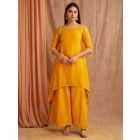 Mustard Yellow Embroidered Chanderi Silk Kurta with Palazzo- Set of 2