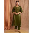 Olive Green Embroidered Chanderi Silk Kurta with Pants- Set of 2