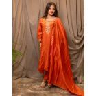 Orange Embroidered Chanderi Silk Suit - Set of 3