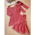 Red Embroidered Chanderi Sharara Suit- Set of 3