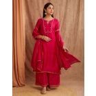 Magenta Bead Work Chanderi Silk Suit- Set of 3