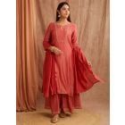 Red Bead Work Chanderi Silk Suit- Set of 3