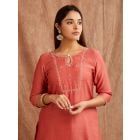 Red Bead Work Chanderi Silk Kurta with Palazzo- Set of 2