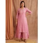 Pink Embroidered Chanderi Silk Kurta with Palazzo- Set of 2