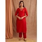 Red Bead Work Chanderi Silk Kurta with Pants- Set of 2