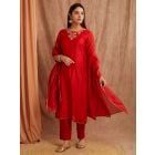 Red Bead Work Chanderi Silk Suit- Set of 3