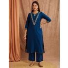 Royal Blue Embroidered Chanderi Silk Kurta with Pants- Set of 2