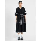 Black Applique Work Cotton Dress with Belt