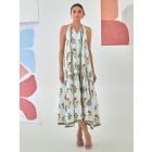 White Aqua Blue Printed Cotton Dress