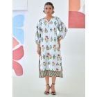 White Aqua Blue Printed Cotton Dress with Slip