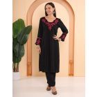 Black Embroidered Cotton Blend Kurta with Pants - Set of 2