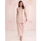 Peach Embroidered Linen Satin Kurta with Salwar- Set of 2