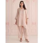 Peach Embroidered Linen Satin Co-ord Set- Set of 2