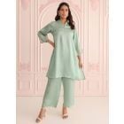 Sage Green Embroidered Linen Satin Kurta with Pants- Set of 2