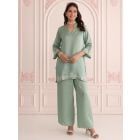 Sage Green Embroidered Linen Satin Co-ord Set- Set of 2
