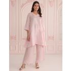 Pink Embroidered Linen Satin Kurta with Pants- Set of 2