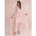 Pink Embroidered Linen Satin Suit - Set of 3