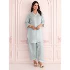 Blue Embroidered Linen Satin Kurta with Salwar- Set of 2