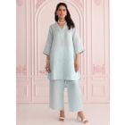 Blue Embroidered Linen Satin Kurta with Pants- Set of 2