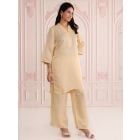 Yellow Embroidered Linen Satin Kurta with Pants- Set of 2